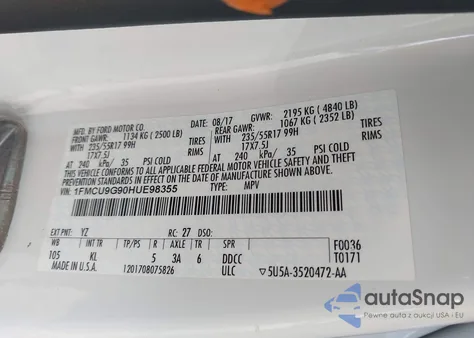 2017 Ford Escape Se from USA, damaged, VIN 1FMCU9G90HUE98355